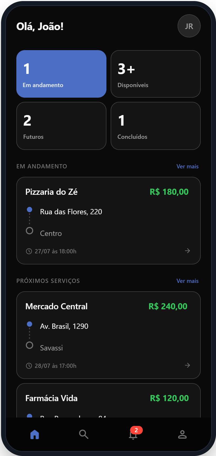 Tela inicial com os serviços em andamento