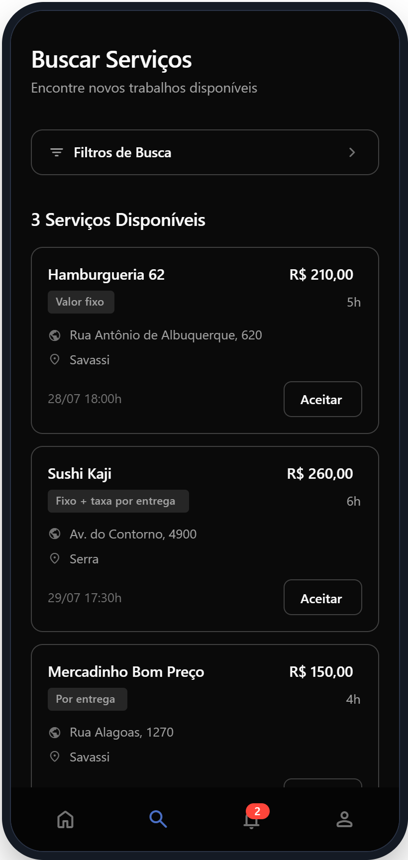 Tela de busca de serviços disponíveis
