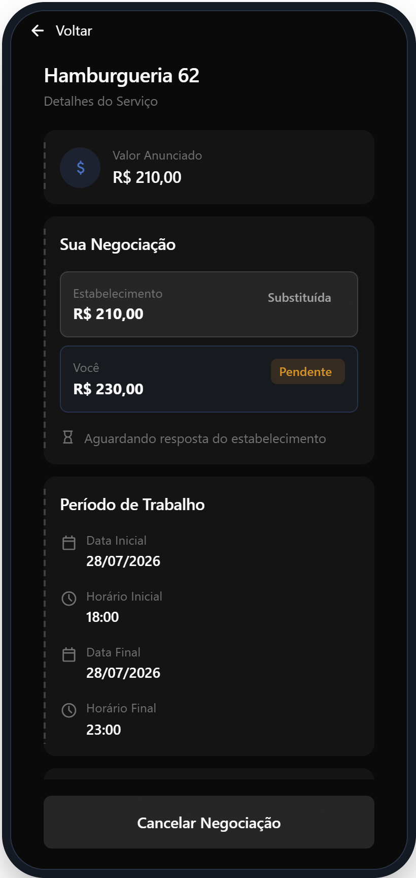 Tela de negociação de valores antes de aceitar
