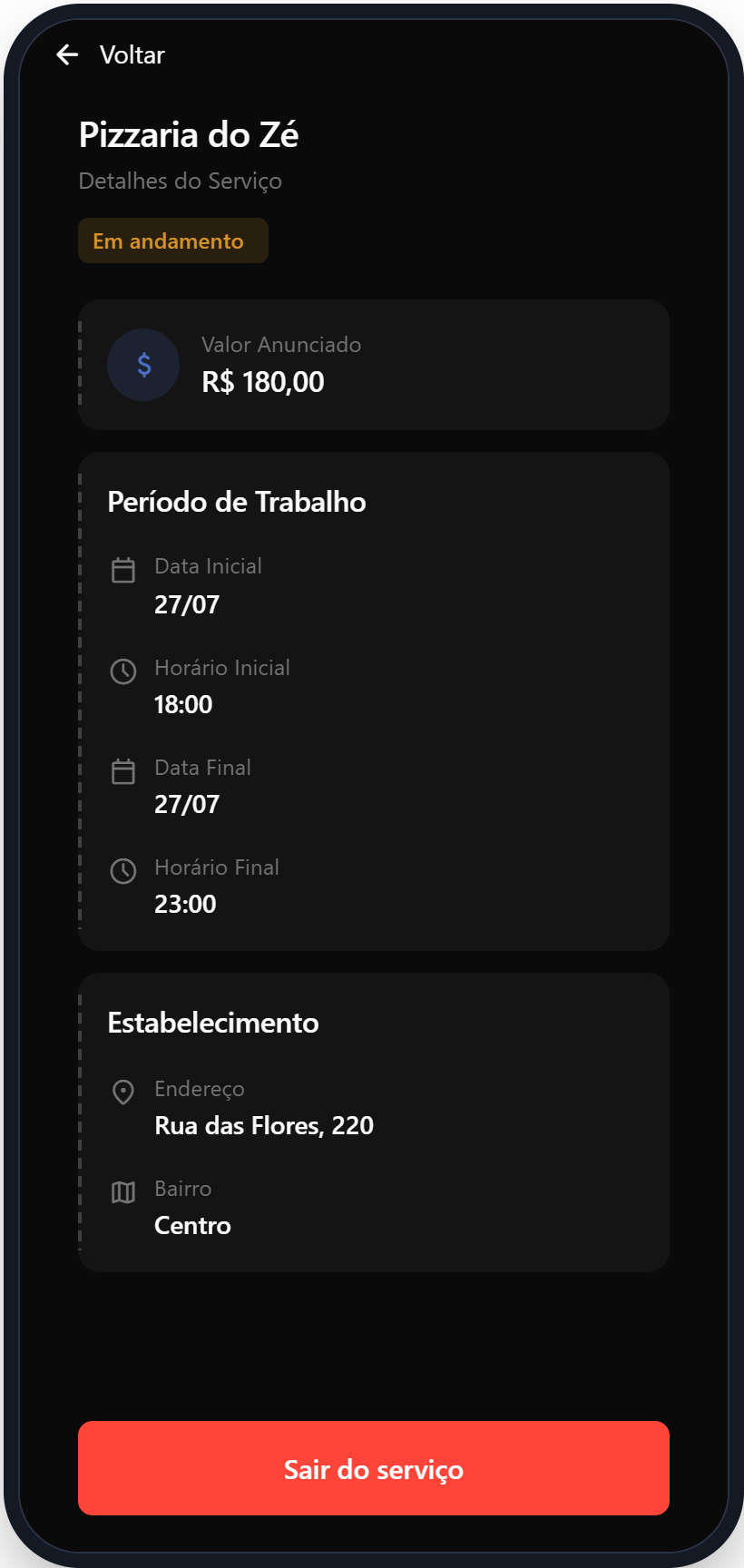 Tela com os detalhes do serviço