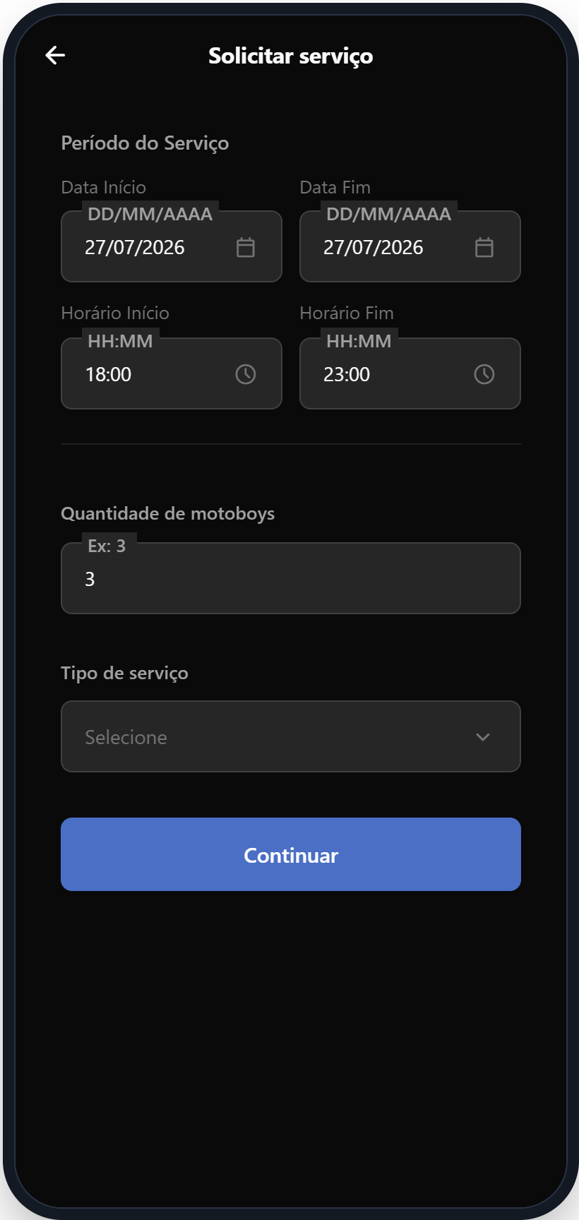Tela de solicitação de motoboys