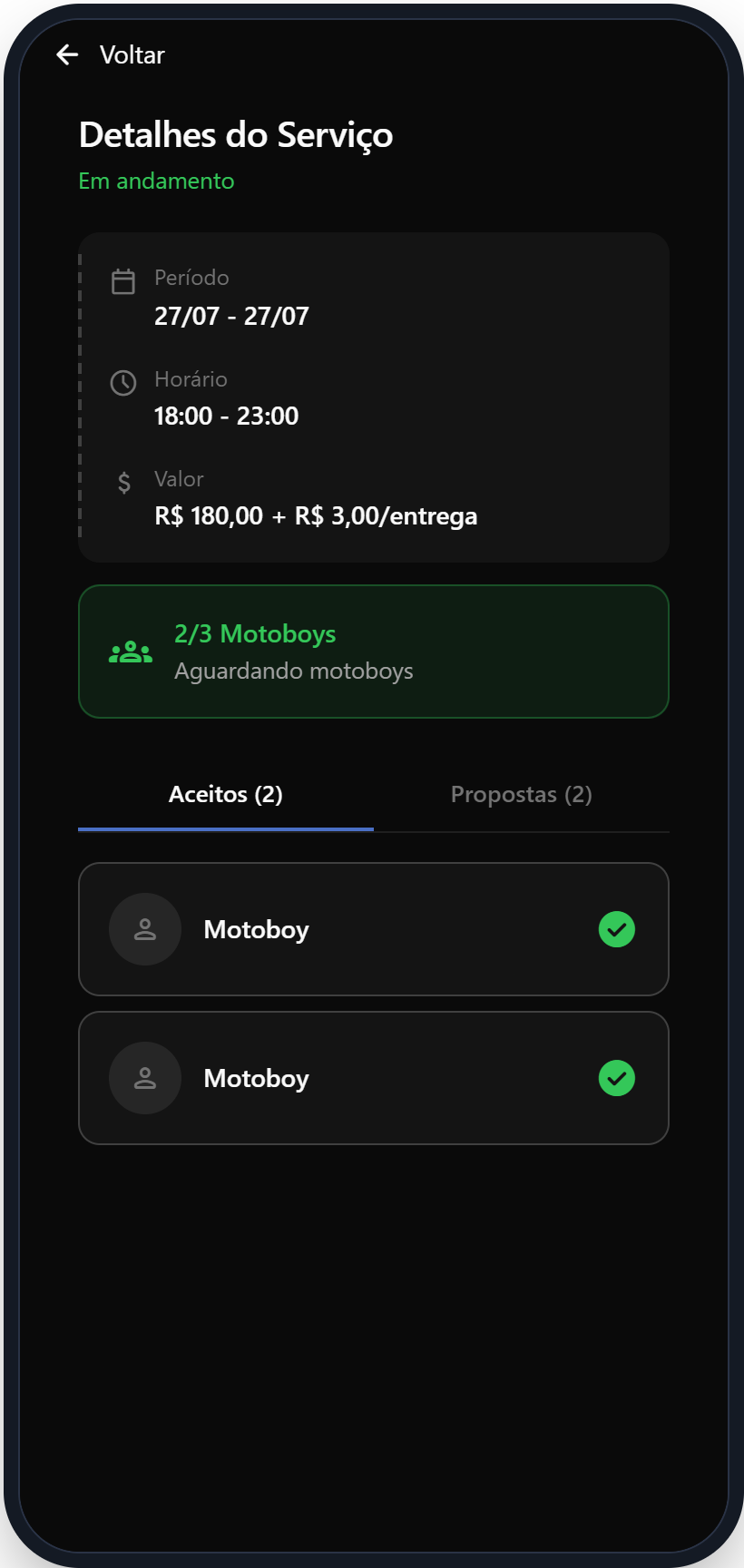 Tela com os motoboys que aceitaram o serviço