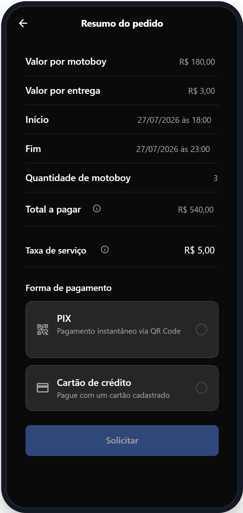 Tela de pagamento por Pix ou cartão