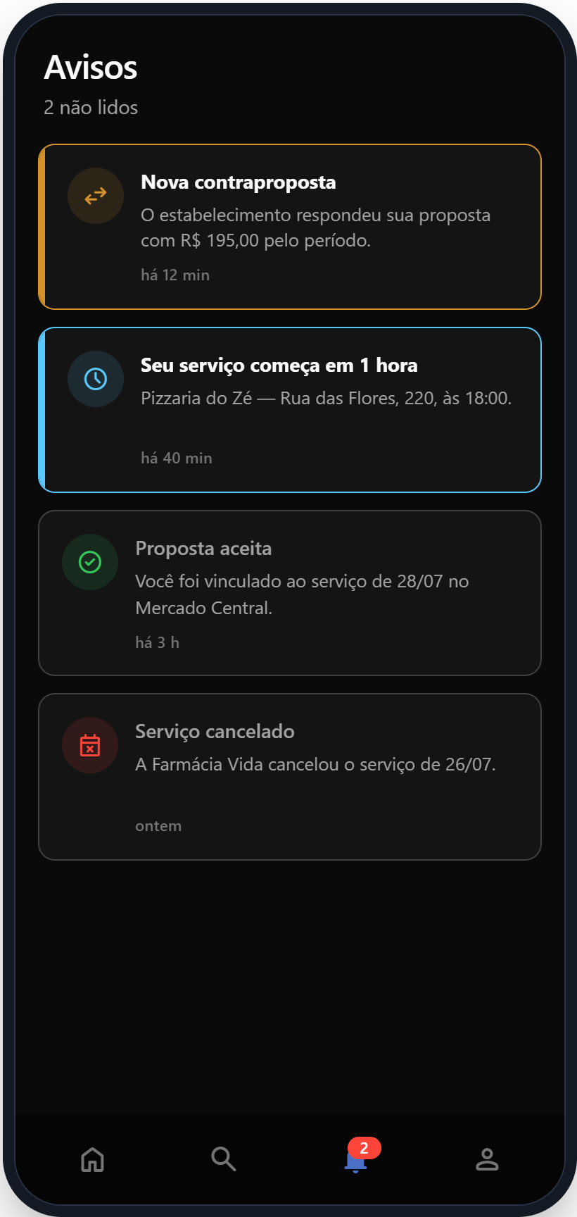 Tela de avisos e notificações